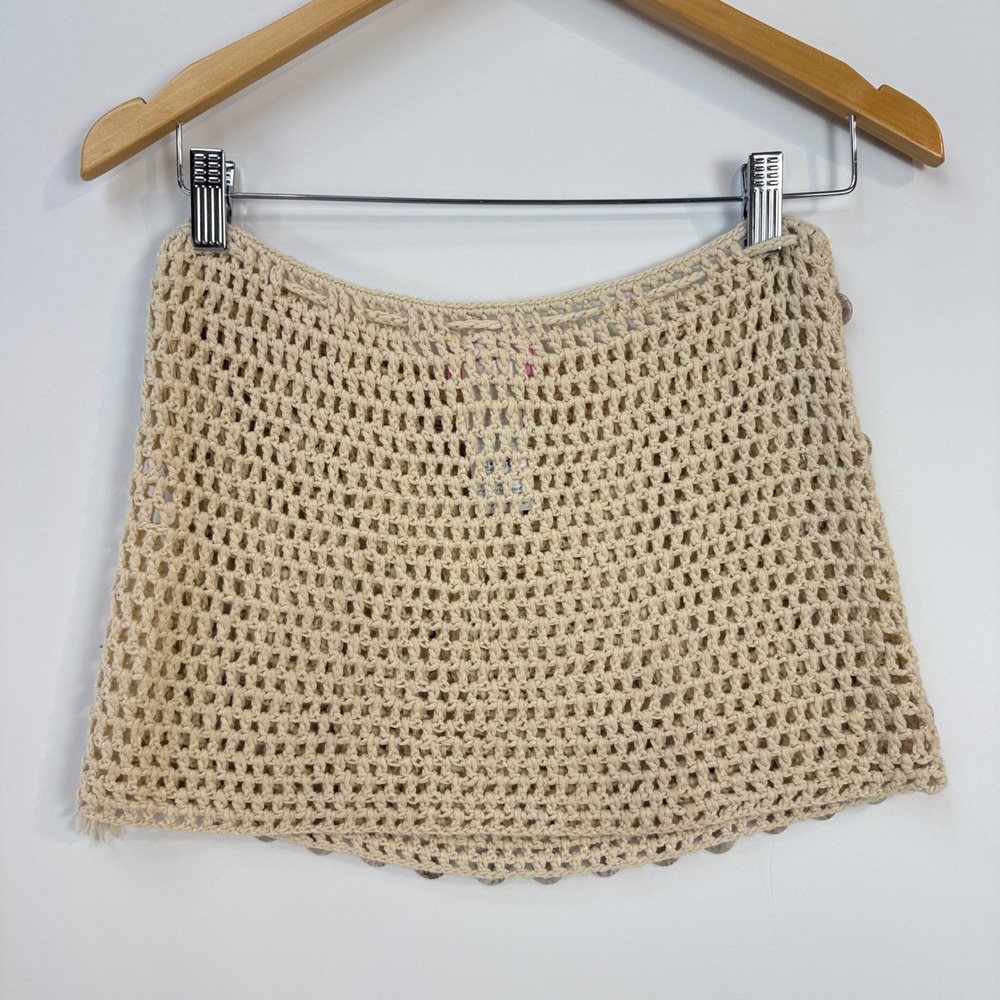 Edikted Alora Iridescent Crochet Mini Skirt Womens Size S Beige Sequin Boho Tie - Picture 5 of 10